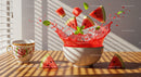 Refreshing watermelon splash with ice cubes and mint leaves