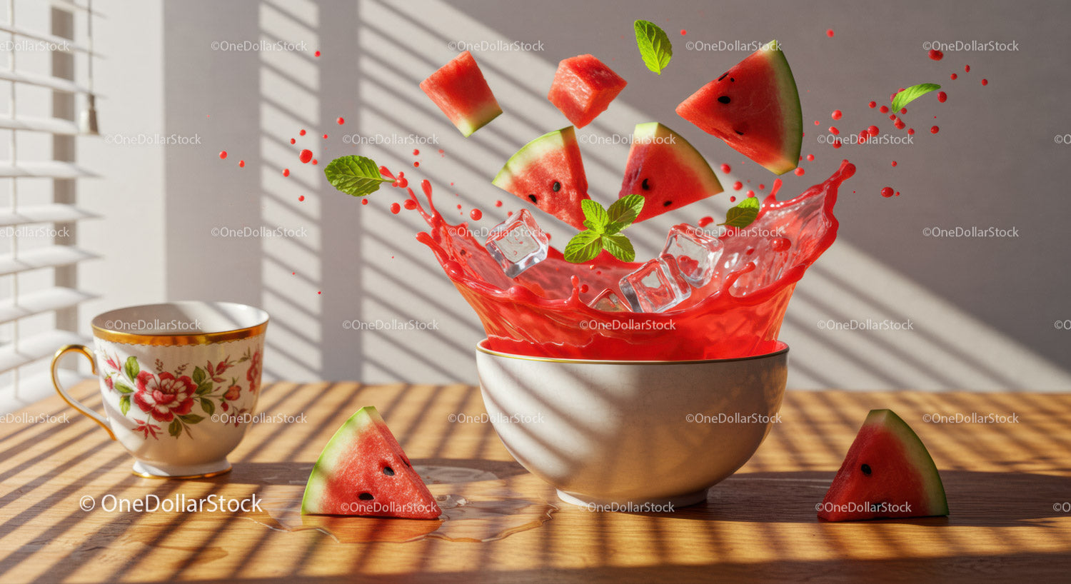 Refreshing watermelon splash with ice cubes and mint leaves