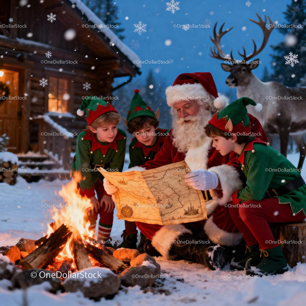 Santa and Elves Planning by Fire Near Cozy Cabin