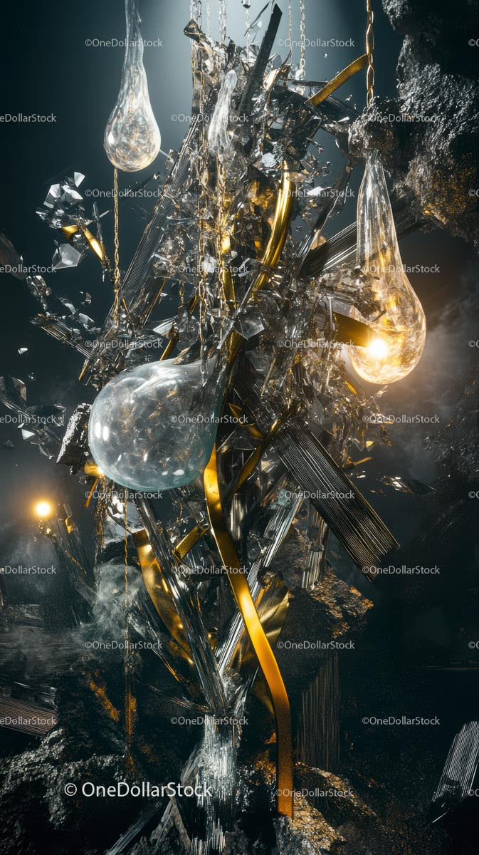 Abstract Scene of Shattered Glass and Metallic Fragments