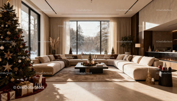 Cozy modern living room with festive Christmas decor