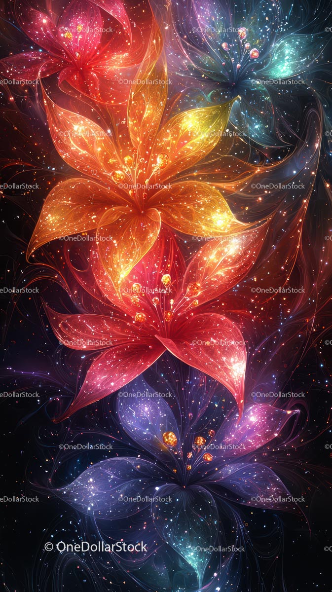 Vivid Neon Flowers in a Cosmic Light Display for Artistic Use