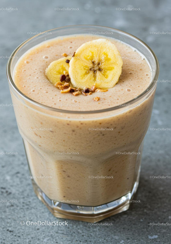 Creamy banana smoothie with crunchy granola topping