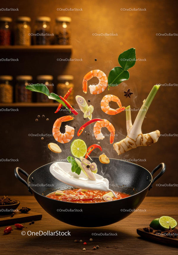 Świeże składniki unoszące się nad tajskim curry z krewetkami w woku