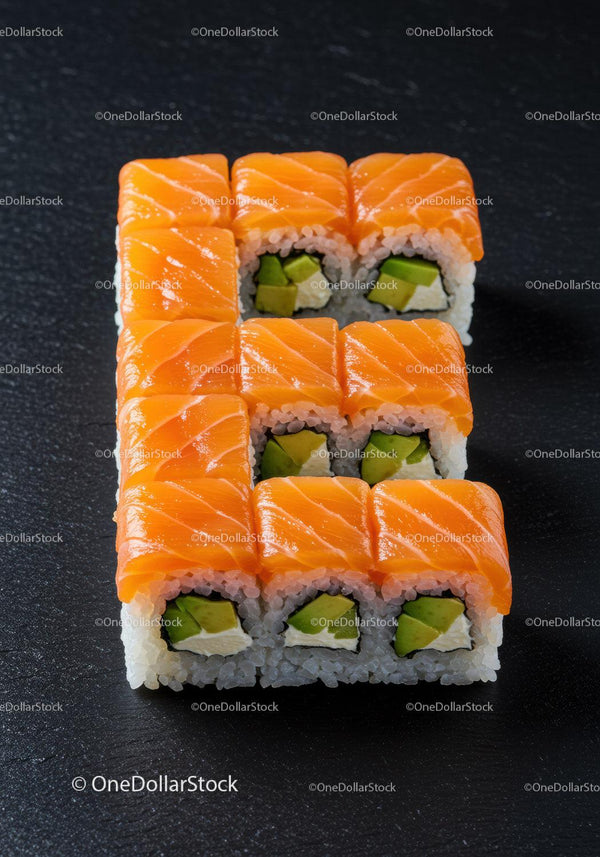 Fresh salmon avocado sushi rolls on black slate