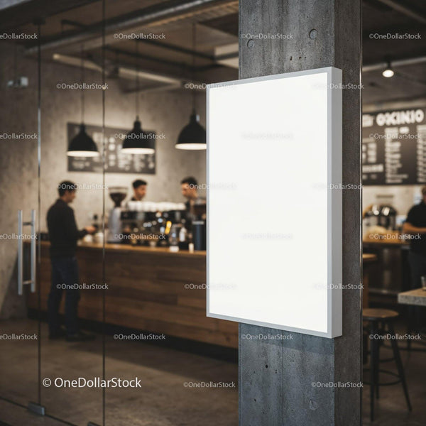 Modern cafe interior with empty lightbox sign on pillar JPG Mockup Image