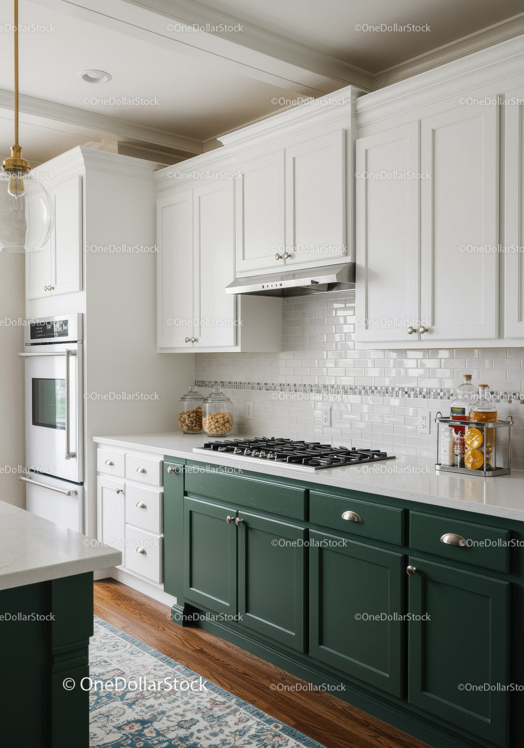 Modern White and Green Kitchen with Minimalist Design and Stainless Steel Appliances