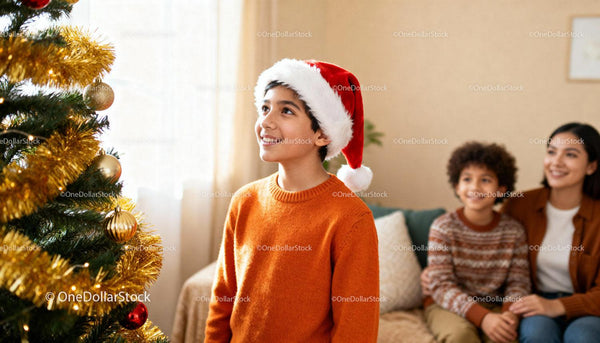 Smiling boy in Santa hat admiring Christmas tree decorations