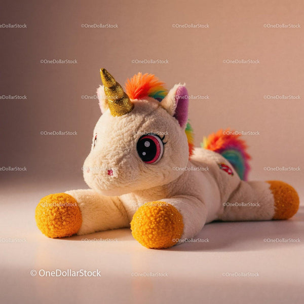 Soft Plush Unicorn Toy With Rainbow Mane And Gold Horn