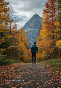 Man Walking on Autumn Trail Towards Mountain Peak