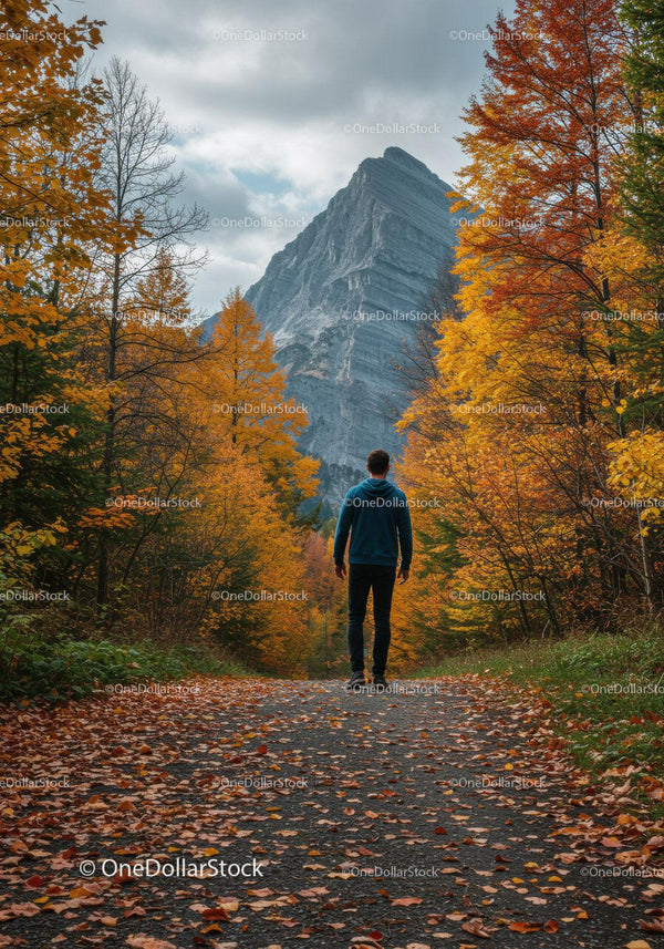Man Walking on Autumn Trail Towards Mountain Peak