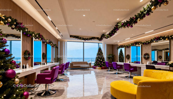 Modern Hair Salon Decorated for Christmas with City View