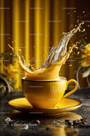 Coffee Splash in Yellow Cup with Beans and Dynamic Motion