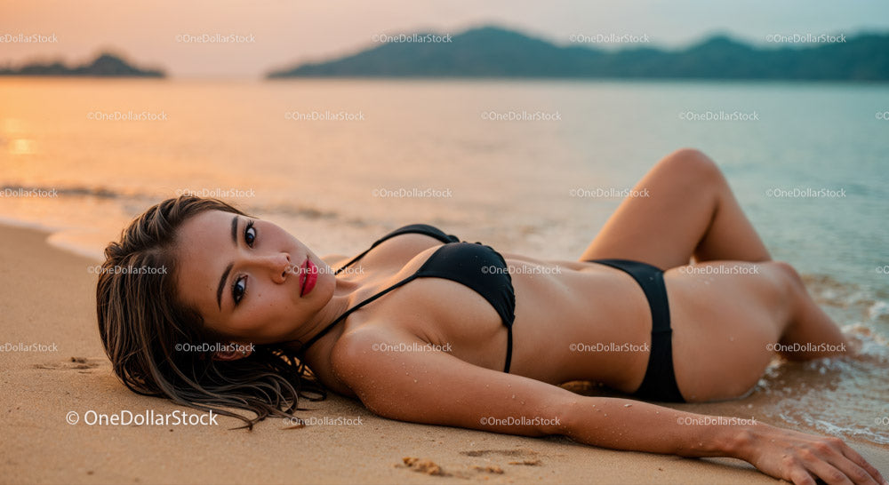 Piękna kobieta w czarnym bikini relaksująca się na plaży o zachodzie słońca