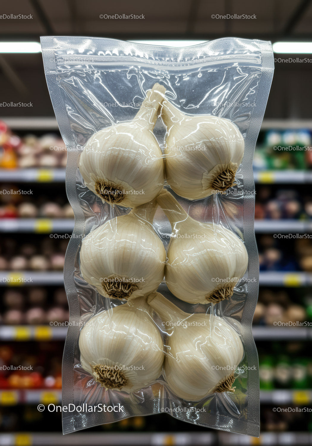 Vacuum Packaged Garlic Bulbs in Grocery Store Aisle