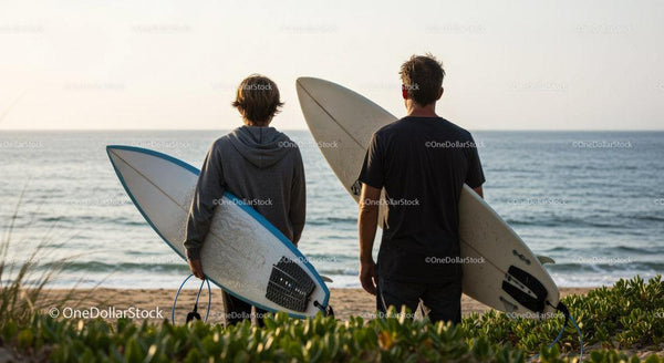 Two Surfers with Surfboards at Beach Ready for Waves Stock Photo Bundle (14 JPG Files)