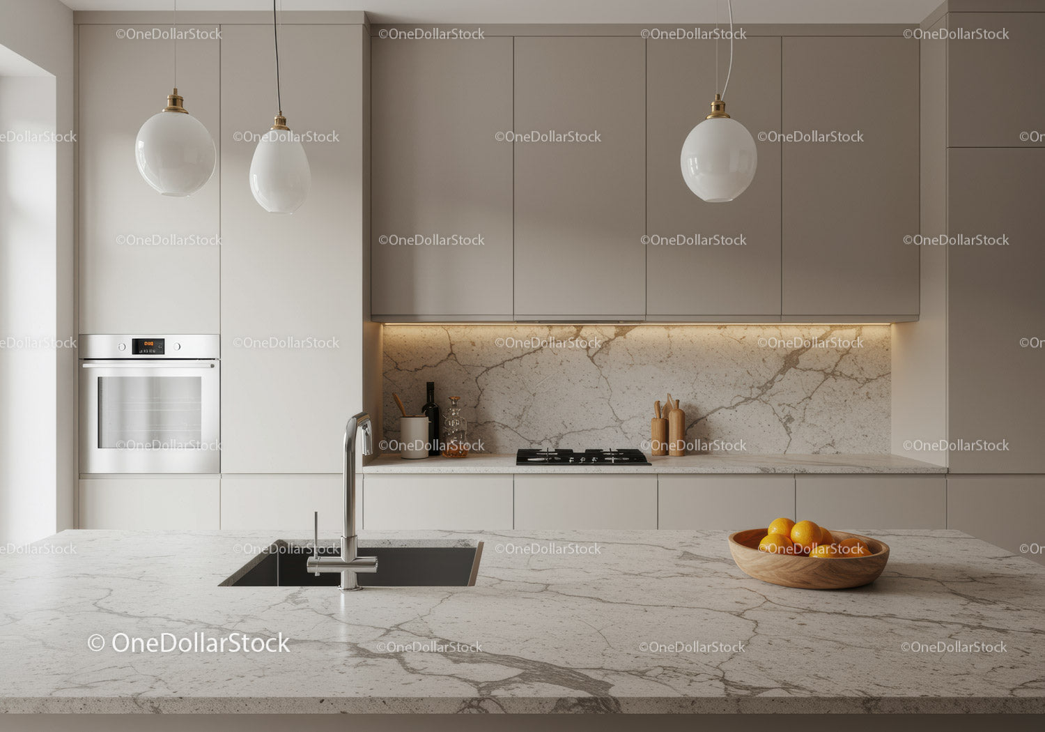 Contemporary Minimalist Kitchen with Marble Countertop and Pendant Lighting