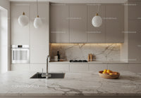 Contemporary Minimalist Kitchen with Marble Countertop and Pendant Lighting