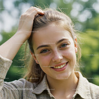 Bright Smiling Young Woman Outdoors with Green Foliage Background