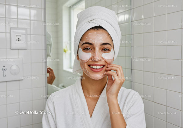 Smiling Woman Enjoying Facial Care with Eye Patches