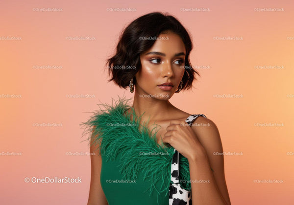 Stylish Young Woman in Green Feathered Accessories and Modern Fashion