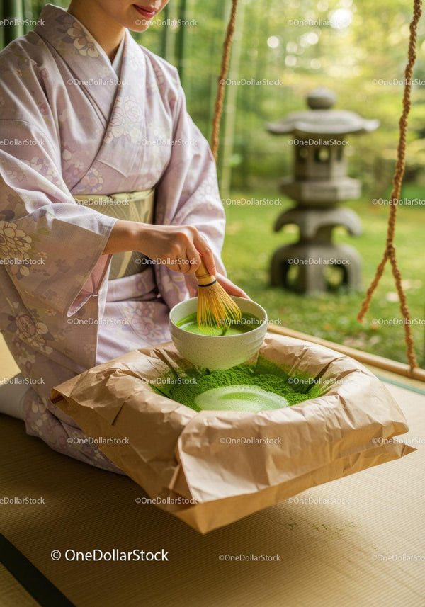 Kobieta w Kimono Przygotowująca Tradycyjną Herbatę Matcha na Zewnątrz