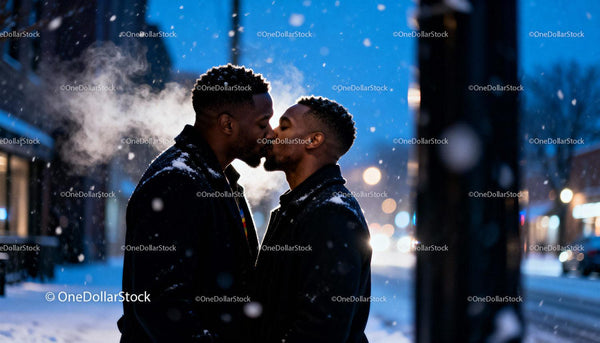 Romantic winter kiss between two men in city street