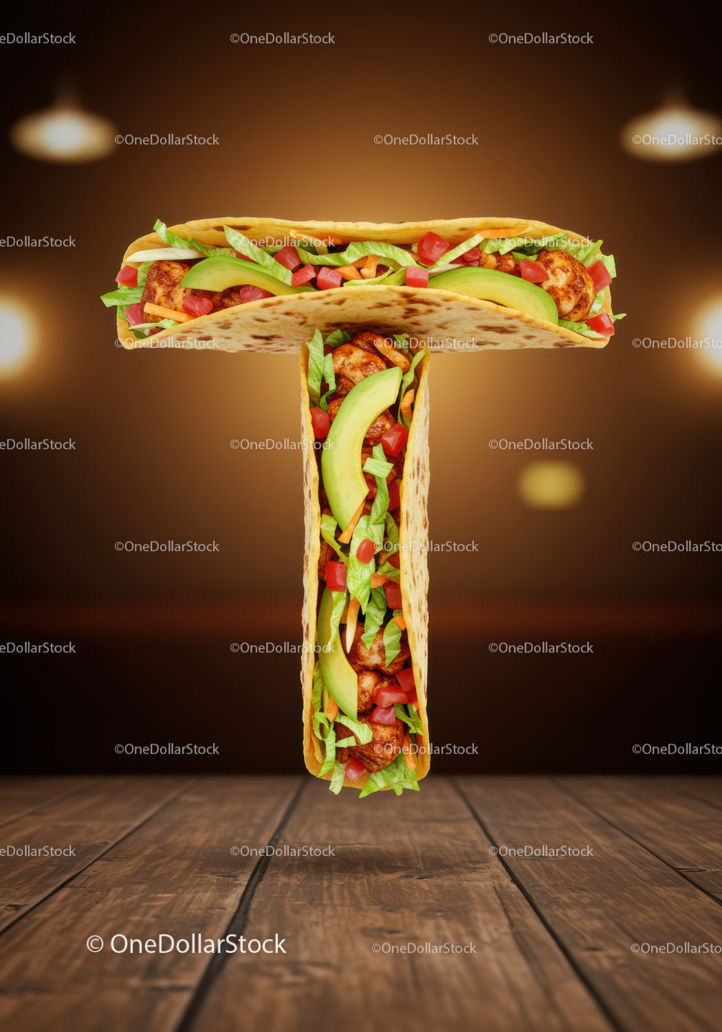 Taco shaped as the letter T filled with fresh ingredients
