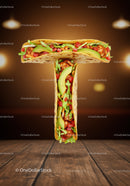 Taco shaped as the letter T filled with fresh ingredients