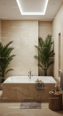 Elegant Modern Bathroom with Beige Marble Tiles and Green Palm Plants