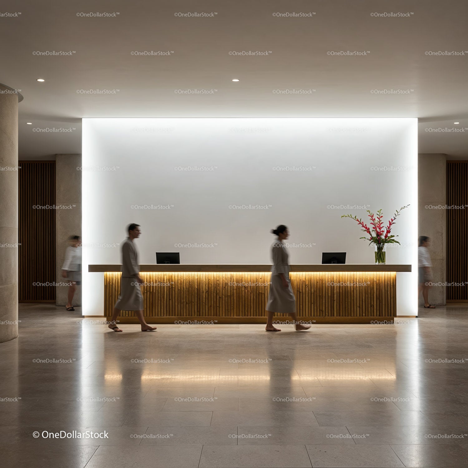 Modern minimalist hotel reception with walking guests