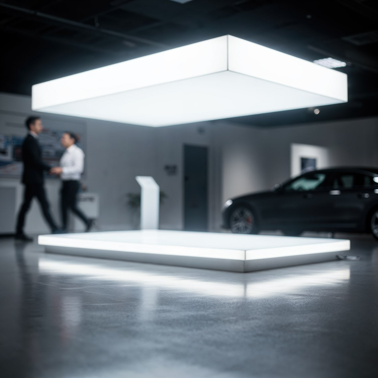 Modern car showroom with illuminated display platform