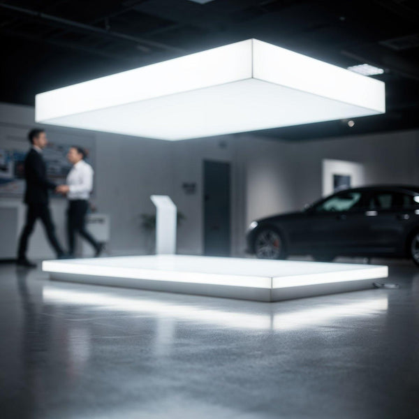Modern car showroom with illuminated display platform JPG Mockup Image