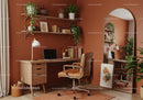 Cozy home office with warm earthy tones and plants
