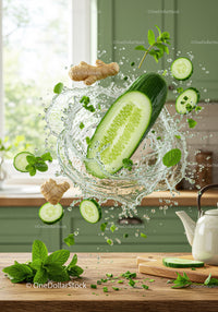 Fresh cucumber and ginger splash with mint leaves