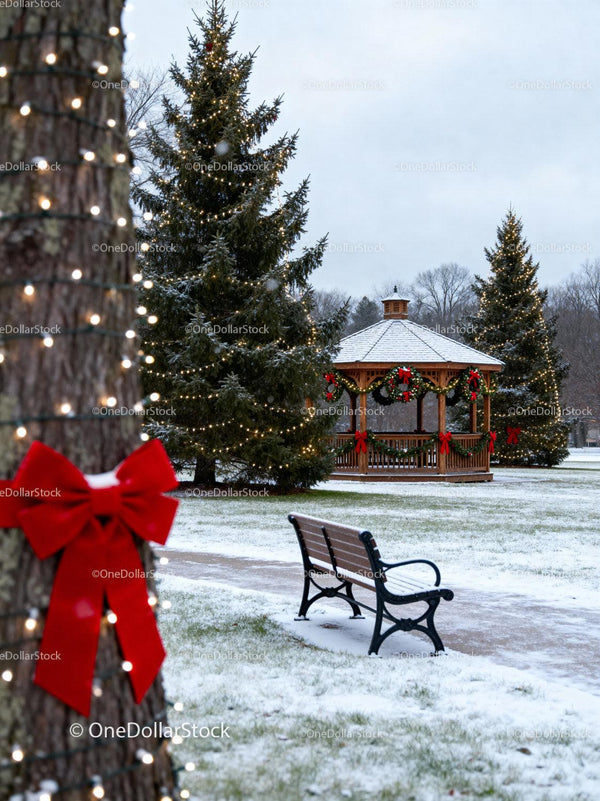 Winter park bench near decorated gazebo and Christmas trees