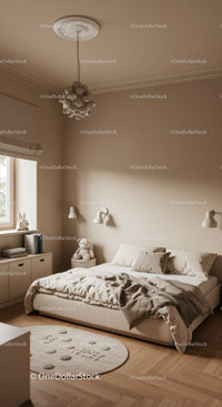 Modern Beige Bedroom with Soft Bedding and Plush Teddy Bear