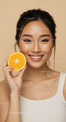 Beautiful Woman with Fresh Orange Slice Showing Bright Smile and Radiant Skin