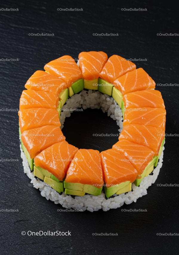 Fresh salmon and avocado sushi ring on black surface