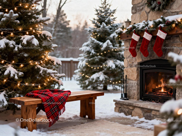 Cozy Winter Fireplace with Christmas Stockings and Lights