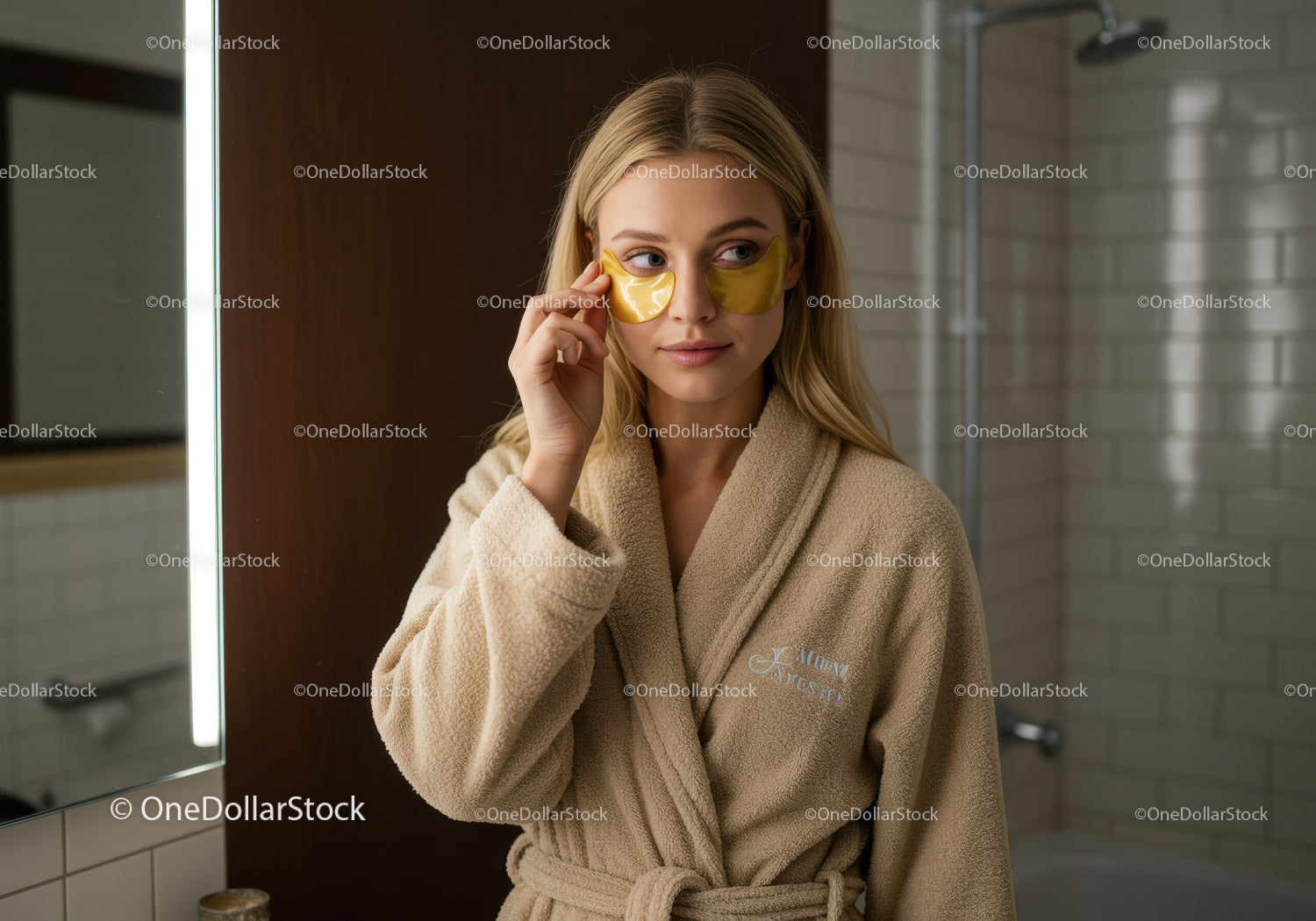 Młoda kobieta ze złotymi płatkami pod oczami podczas zabiegu spa na twarz