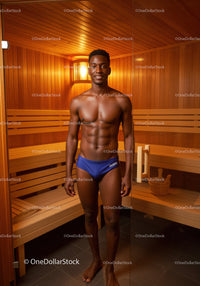 Young Man in Blue Swimsuit Standing in Sauna with Wooden Interior