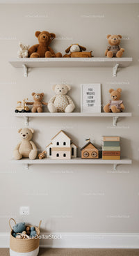Decorative Shelves with Stuffed Animals and Wooden Toys in Children's Room