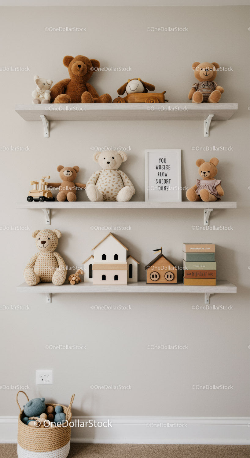 Decorative Shelves with Stuffed Animals and Wooden Toys in Children's Room