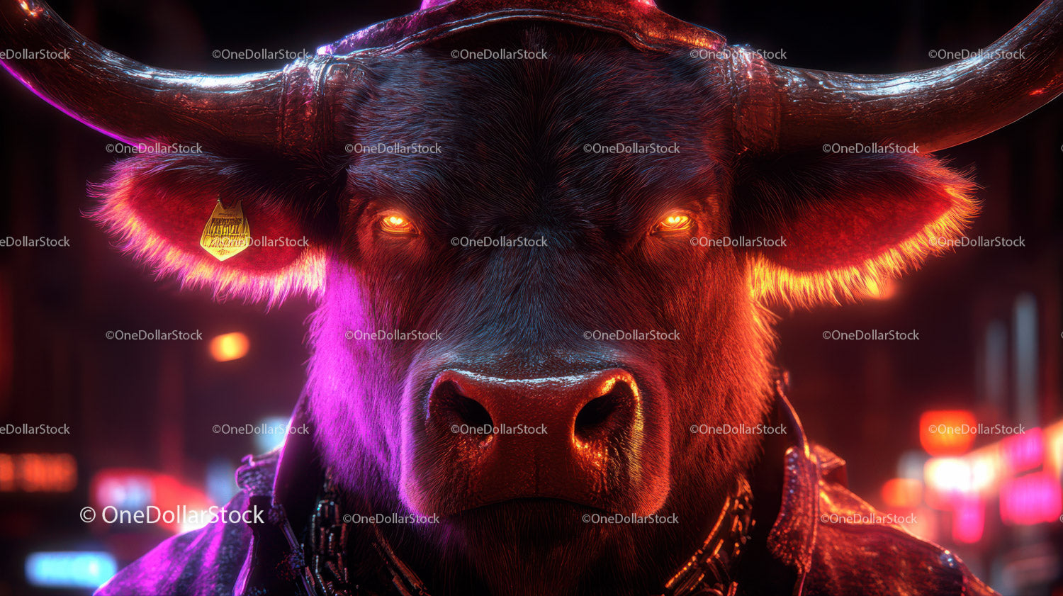 Dark Minotaur with Glowing Eyes in Neon-lit Night Scene