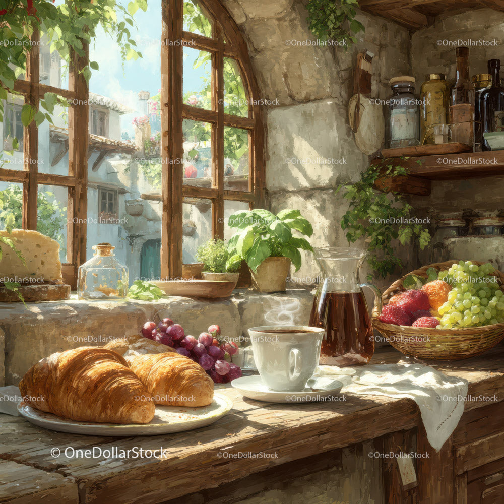 Cozy Rustic Kitchen with Croissants, Fruit, and Tea in Sunlight