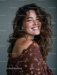 Portrait of a Smiling Woman with Curly Hair in Studio