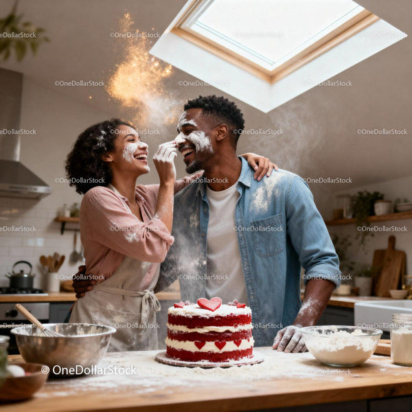 Couple playfully baking and laughing in cozy kitchen
