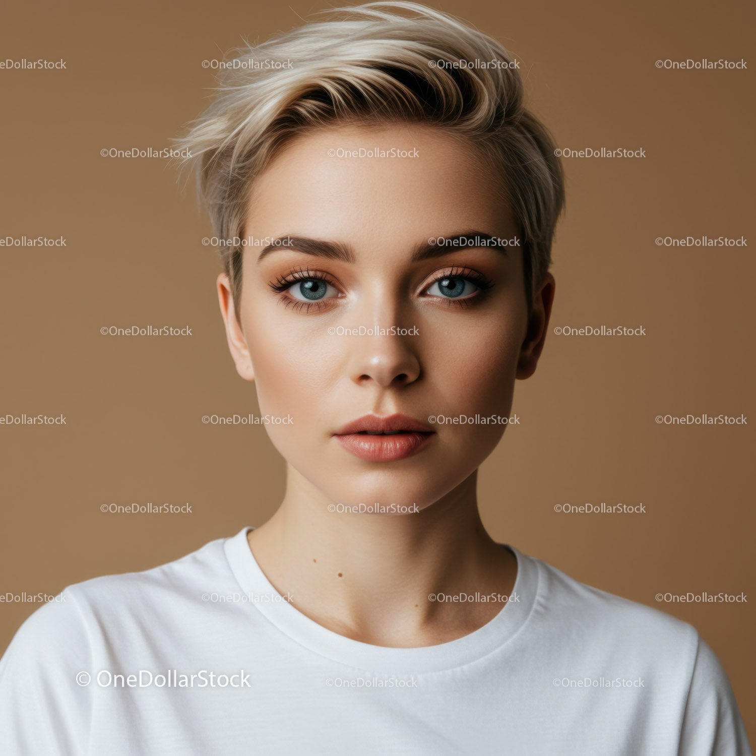 Portret młodej kobiety z krótkimi blond włosami i niebieskimi oczami