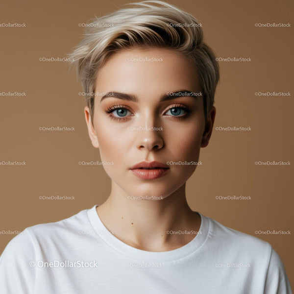 Portret młodej kobiety z krótkimi blond włosami i niebieskimi oczami